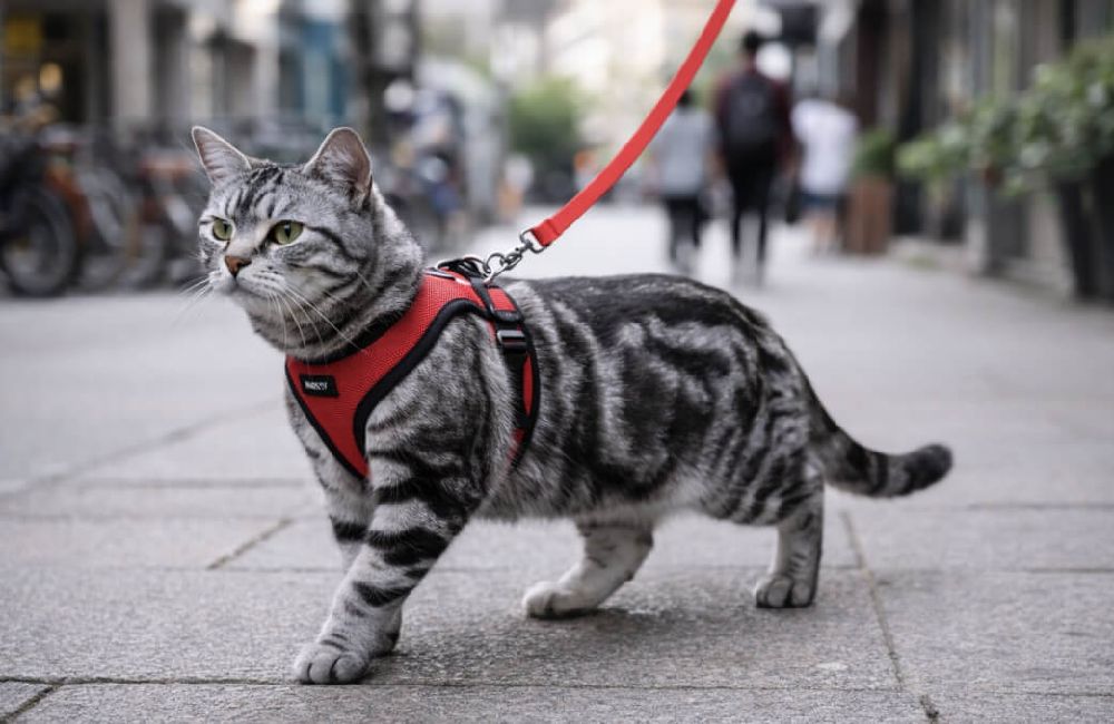 красива сива котка с червен нагръдник в града